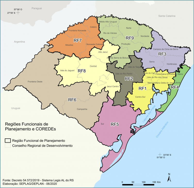 Mapa do Rio Grande do Sul com delimitação das Regiões Funcionais de Planejamento